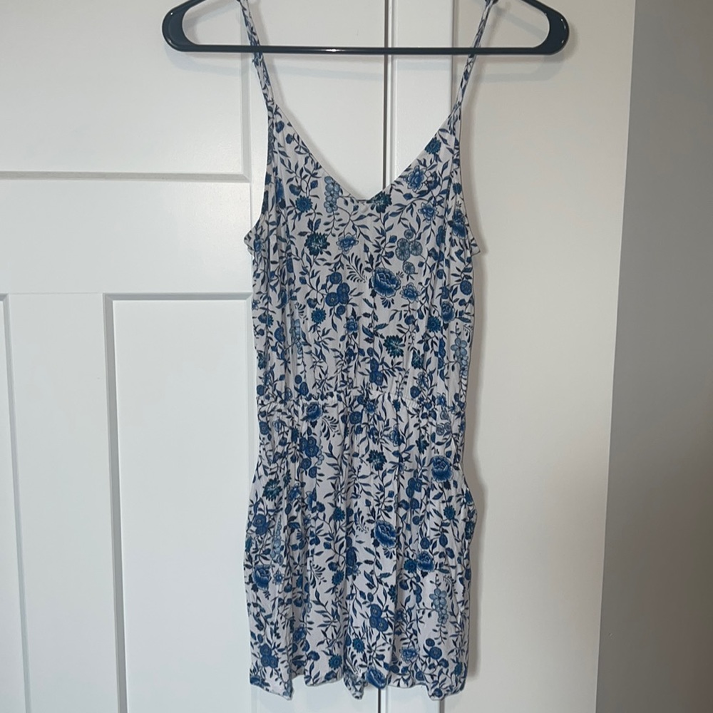 White and blue flower print romper